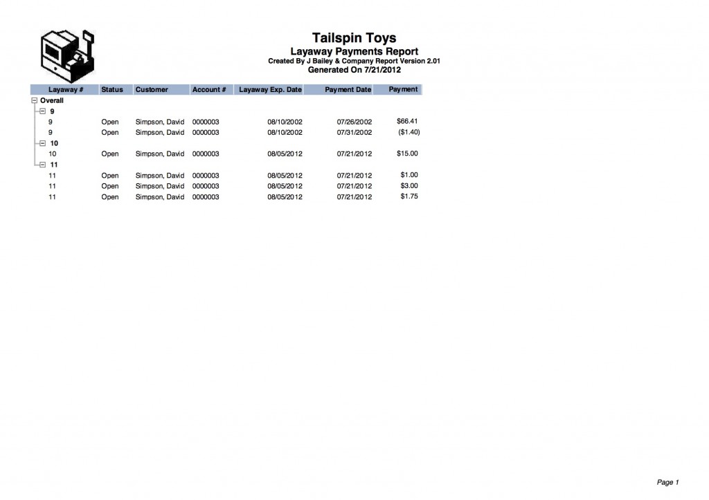 Layaway Payments Report Preview J BAILEY COMPANY